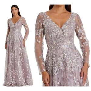 Mac Duggal 20402 Lilac Floral Purple Embroidered Lace Long Sleeve Gown Dress 4